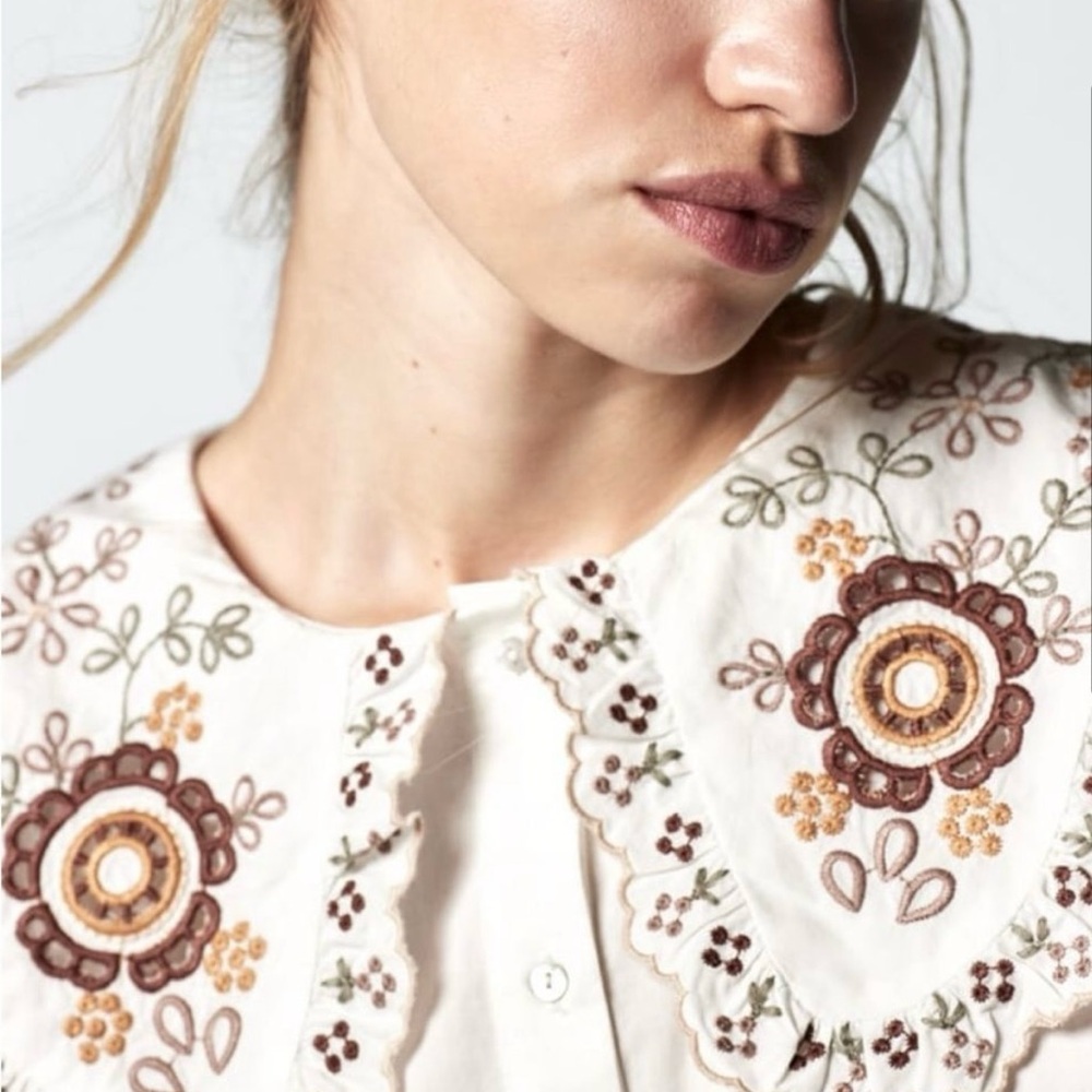 Zara Embroidered Poplin White Blouse with Floral Details size M - Picture 2 of 5